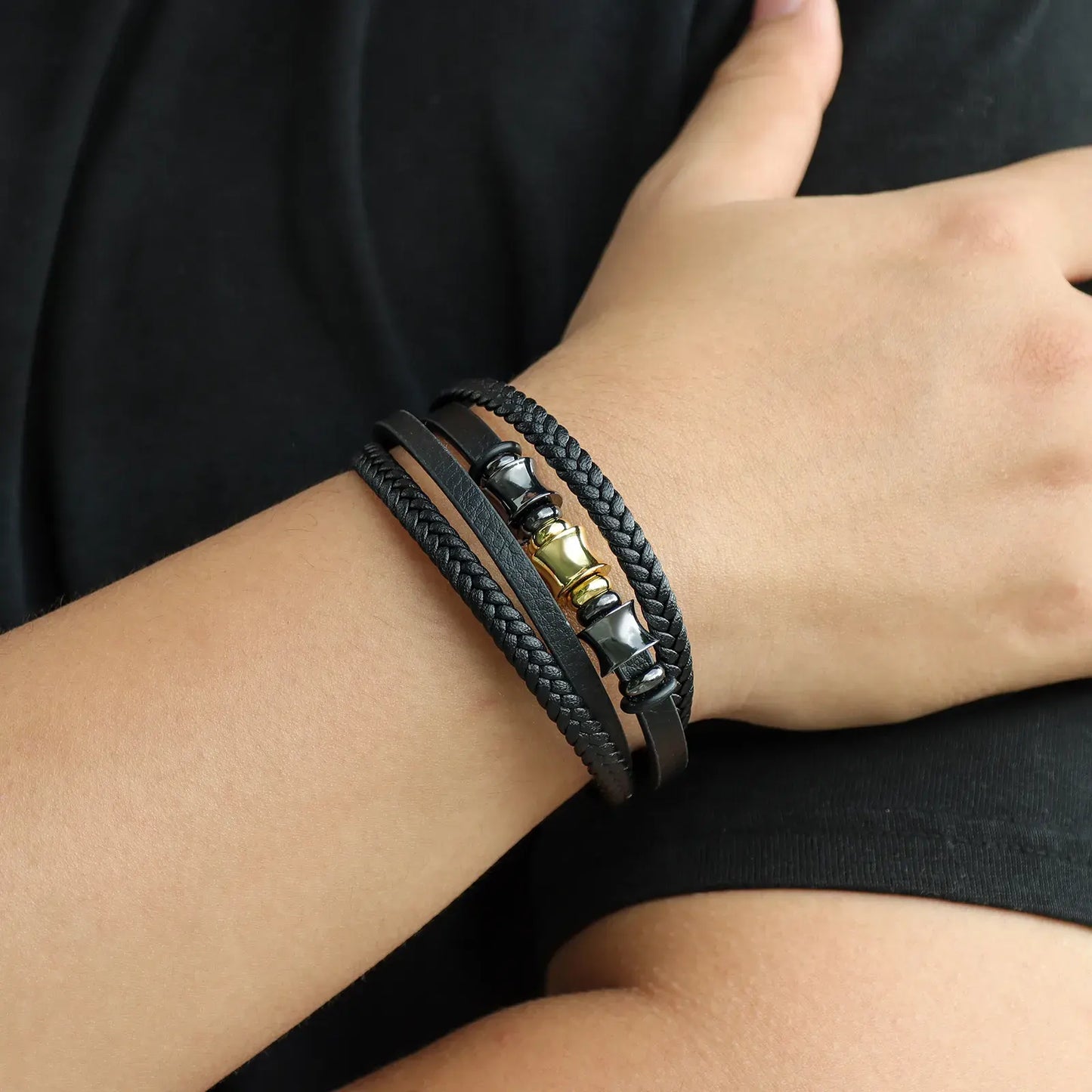 Leather Bracelet with Braided and Beaded Design for Men