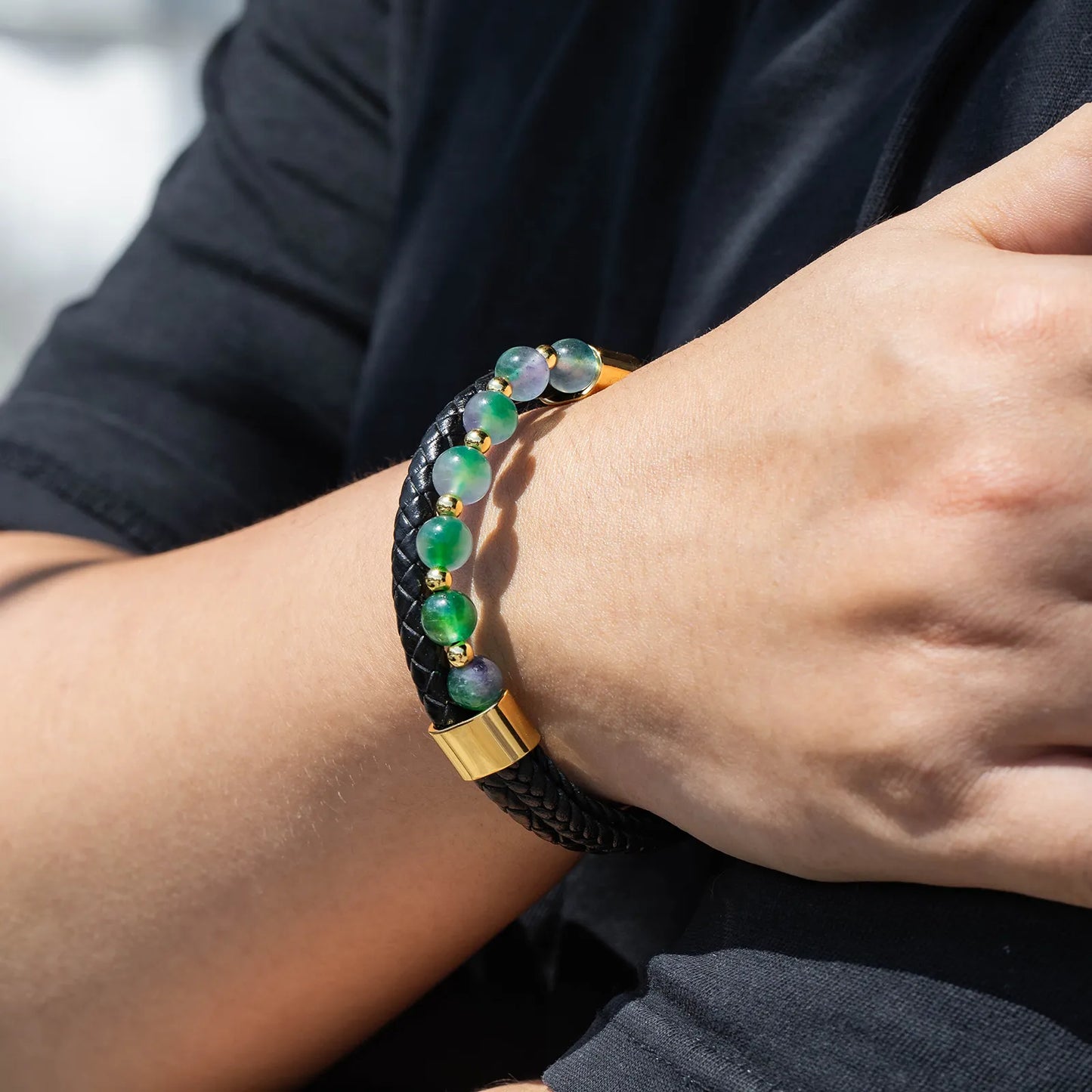Natural Stone Leather Bracelet Woven Wrist Band for Men | Ajatine