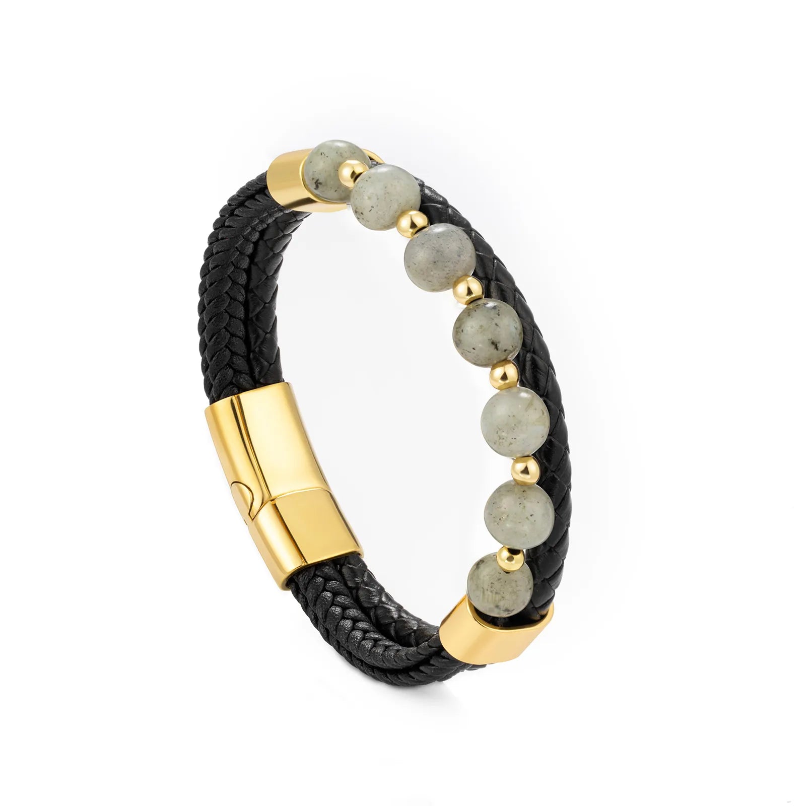 Braided Leather Bracelet with Grey Stone for Men