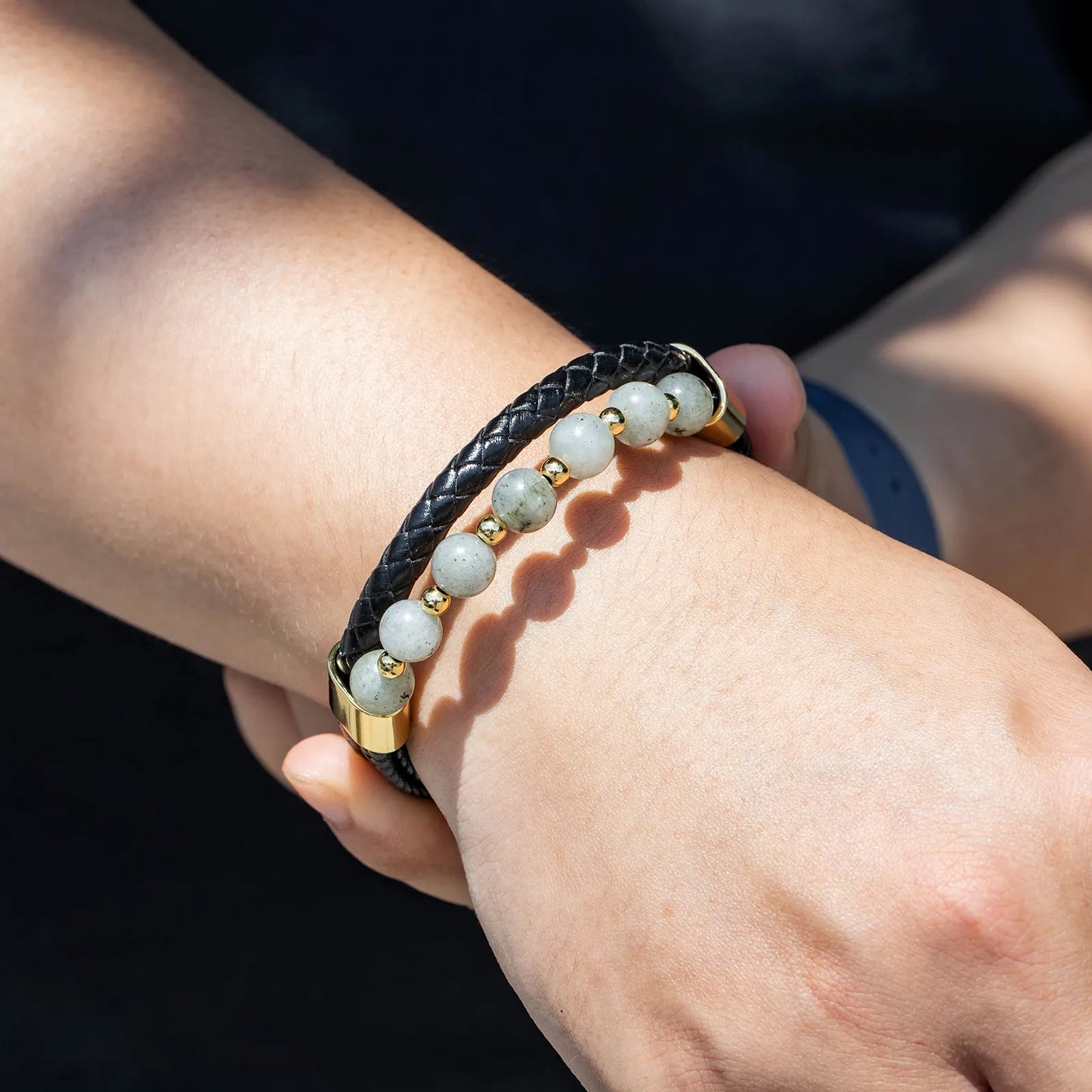 Braided Leather Bracelet with Grey Stone for Men