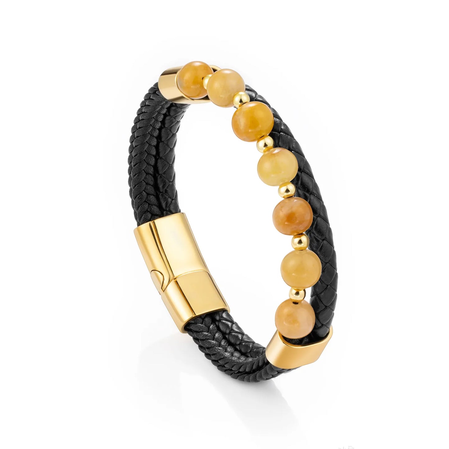 Braided Leather Bracelet with Yellow Natural Stone for Men