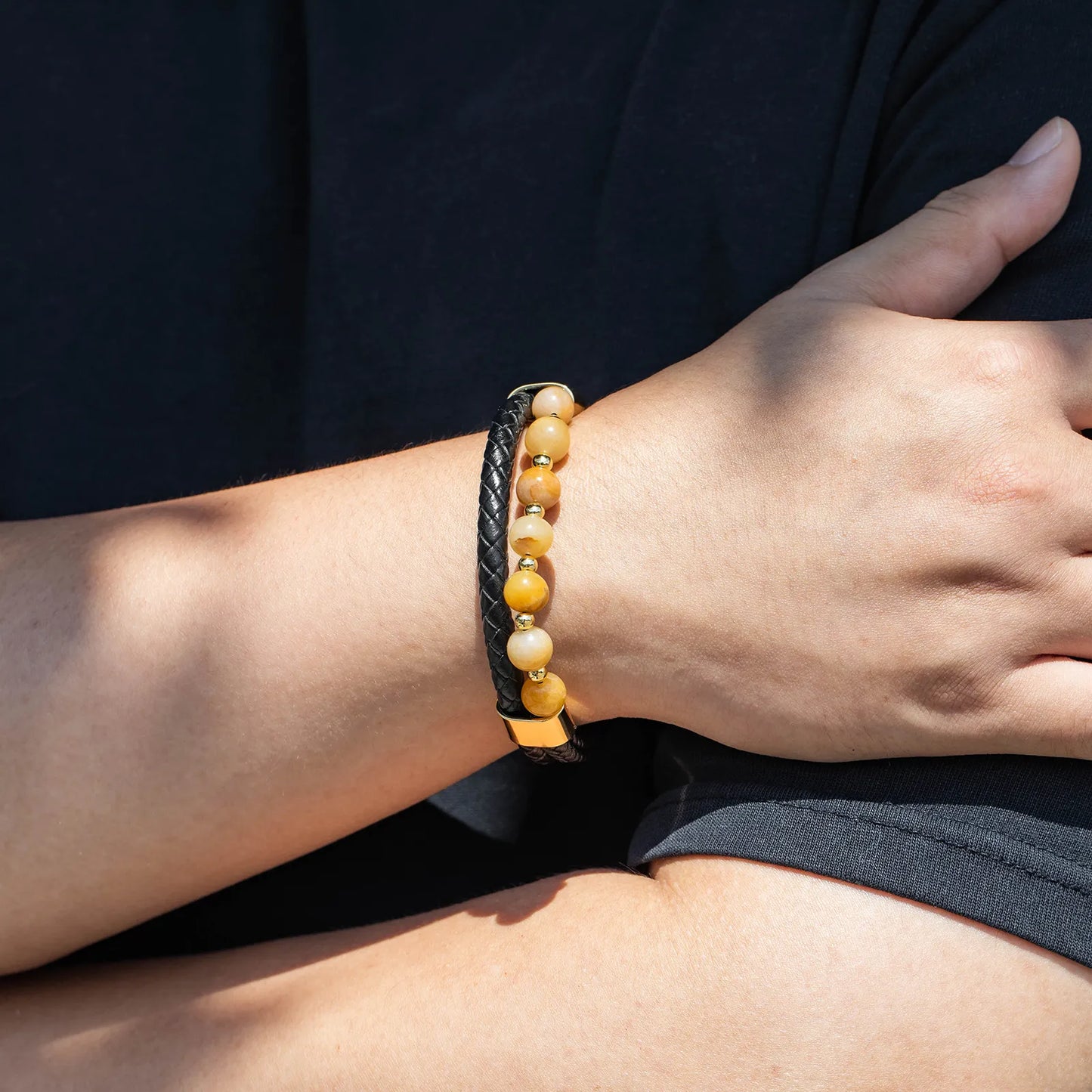 Braided Leather Bracelet with Yellow Natural Stone for Men