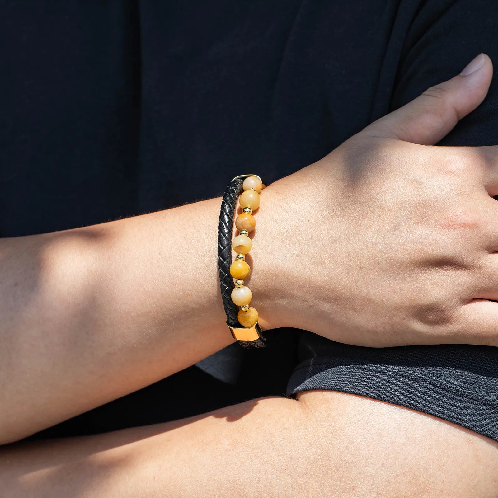 Braided Leather Bracelet with Yellow Natural Stone for Men