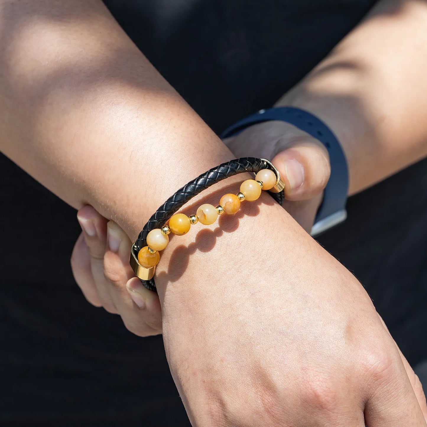 Multi Layer Braided Leather Bracelet with Yellow Natural Stone for Men