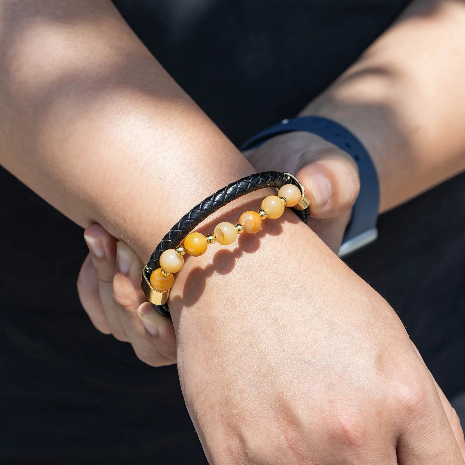 Multi Layer Braided Leather Bracelet with Yellow Natural Stone for Men