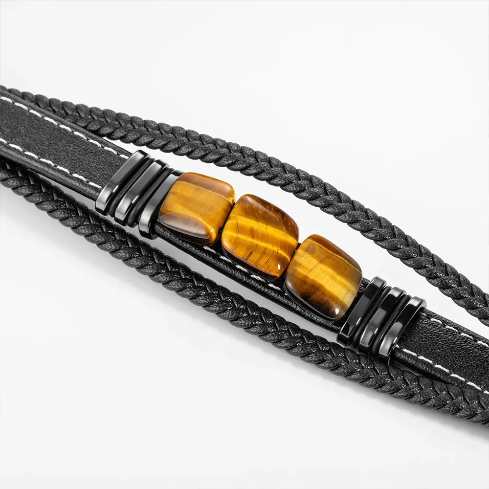 Braided Tiger Eye Stones Leather Bracelet Detail