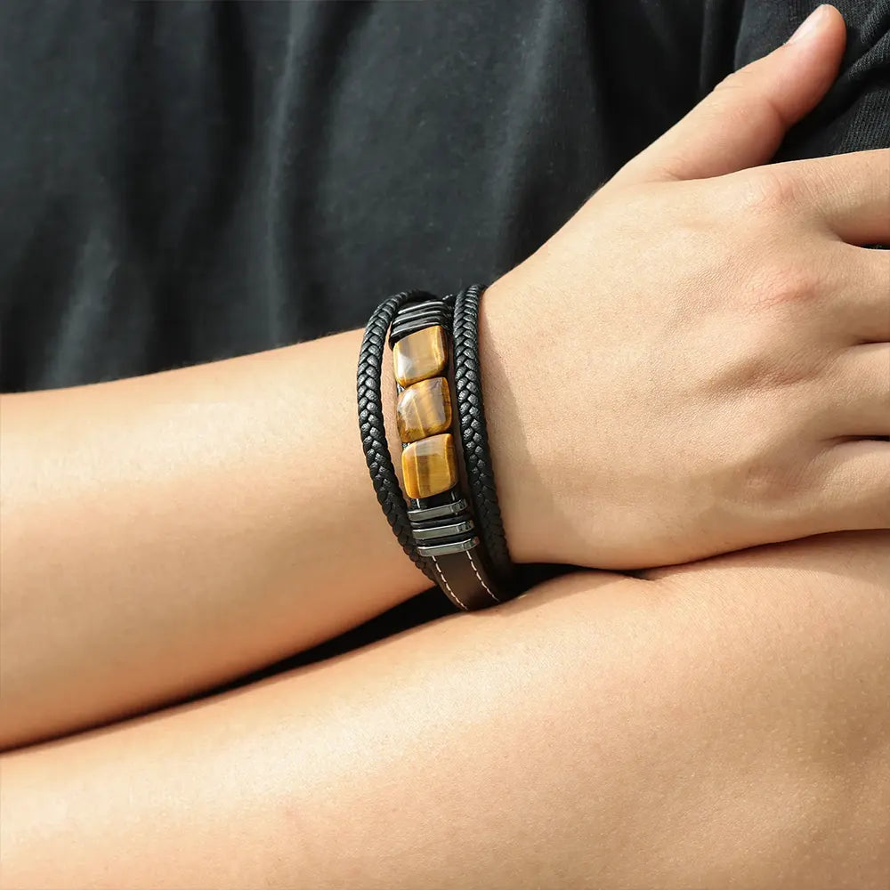 Multi-Layer Braided Tiger Eye Stones Leather Bracelet for Men