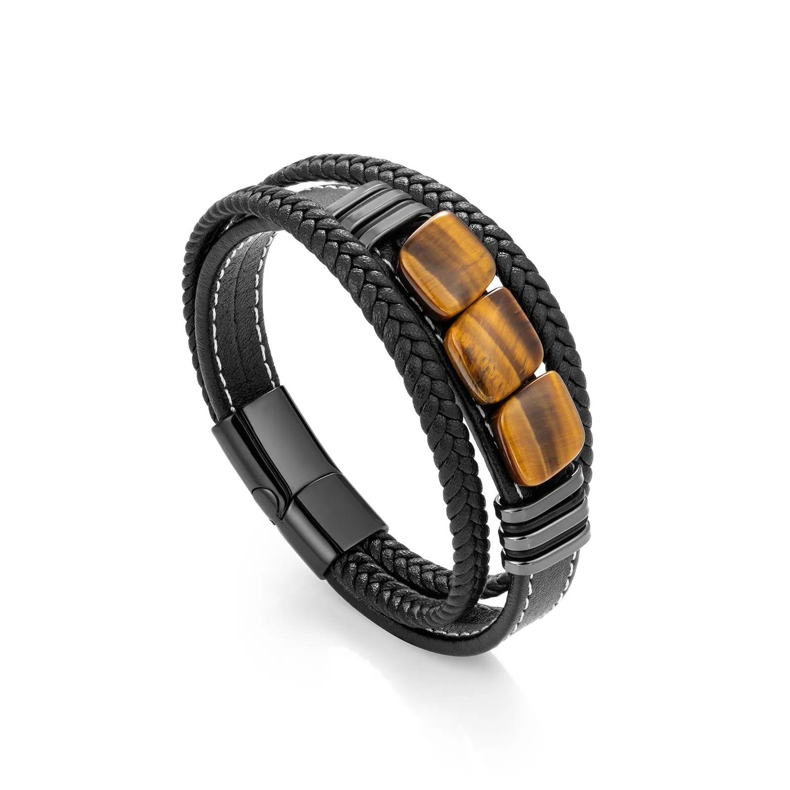 Braided Tiger Eye Stones Leather Bracelet