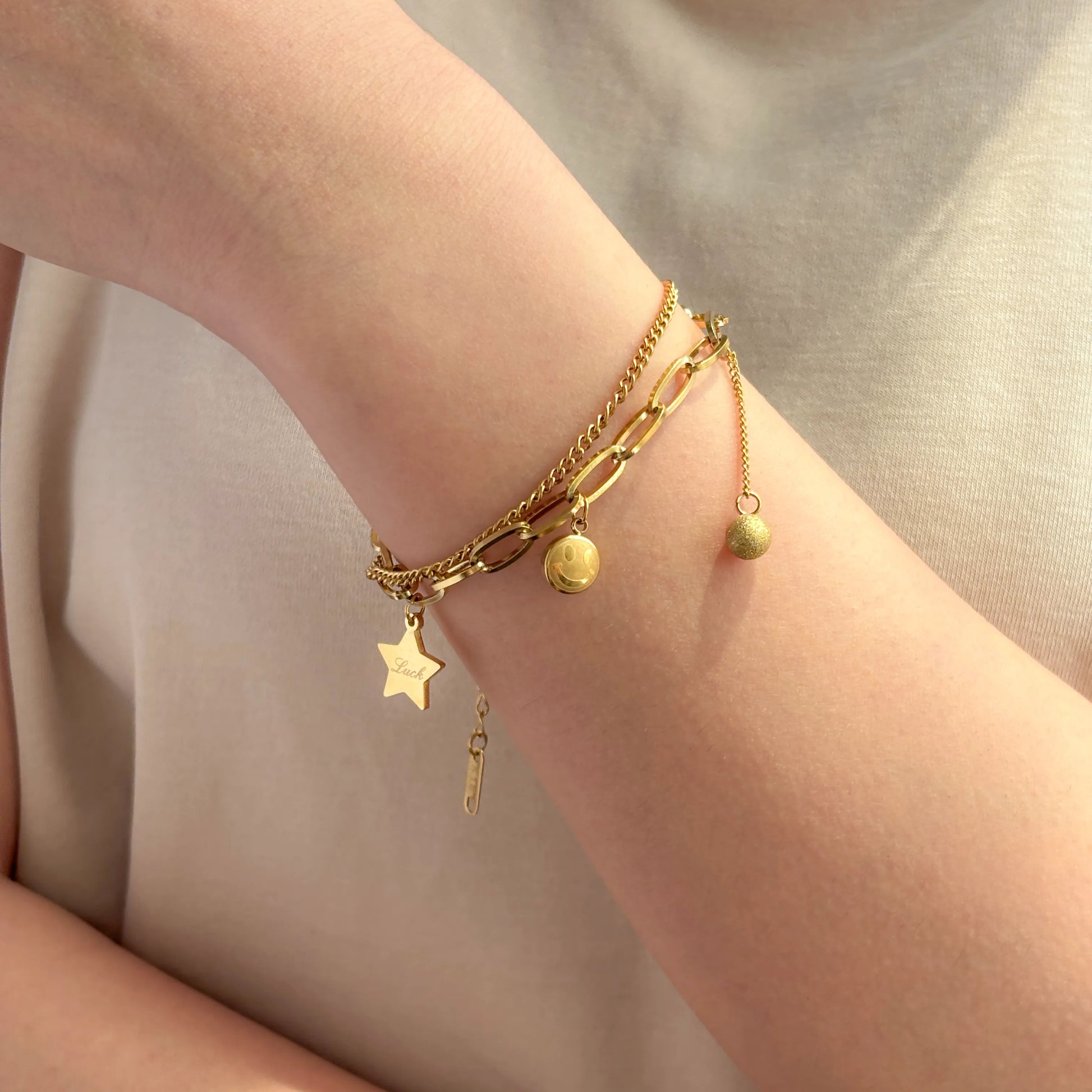 Charm Bracelet with Gold Tone Double Chain Bracelet