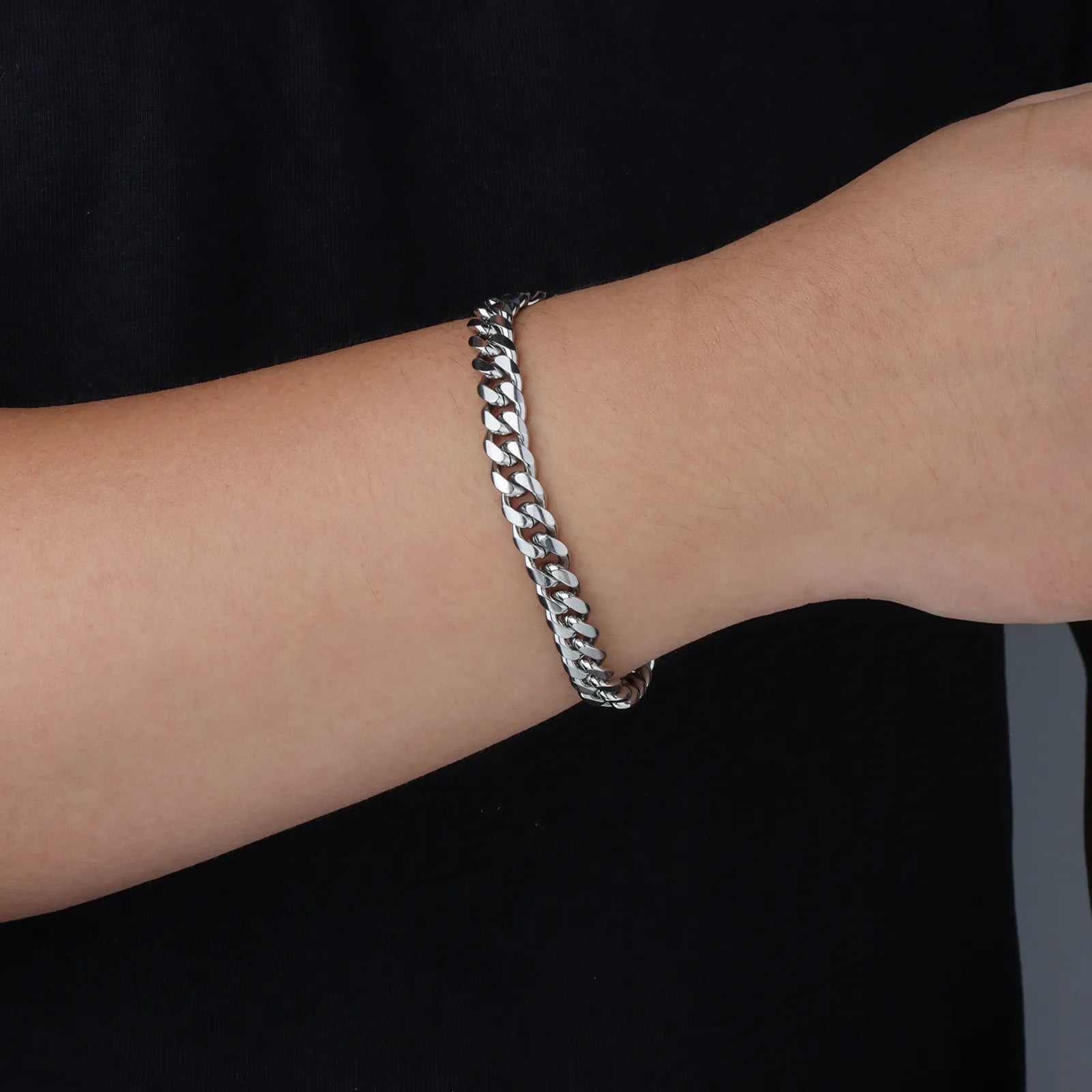 Ajatine silver Cuban link bracelet, classic trendy chunky chain jewelry