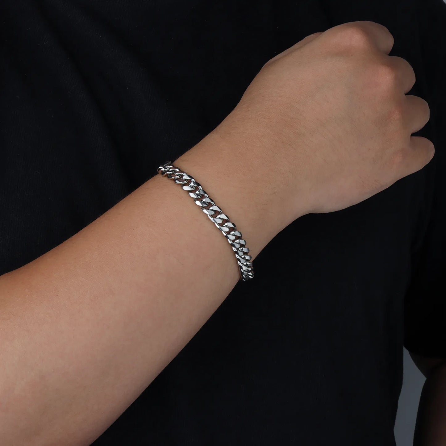 Ajatine silver Cuban link bracelet, classic trendy chunky chain jewelry