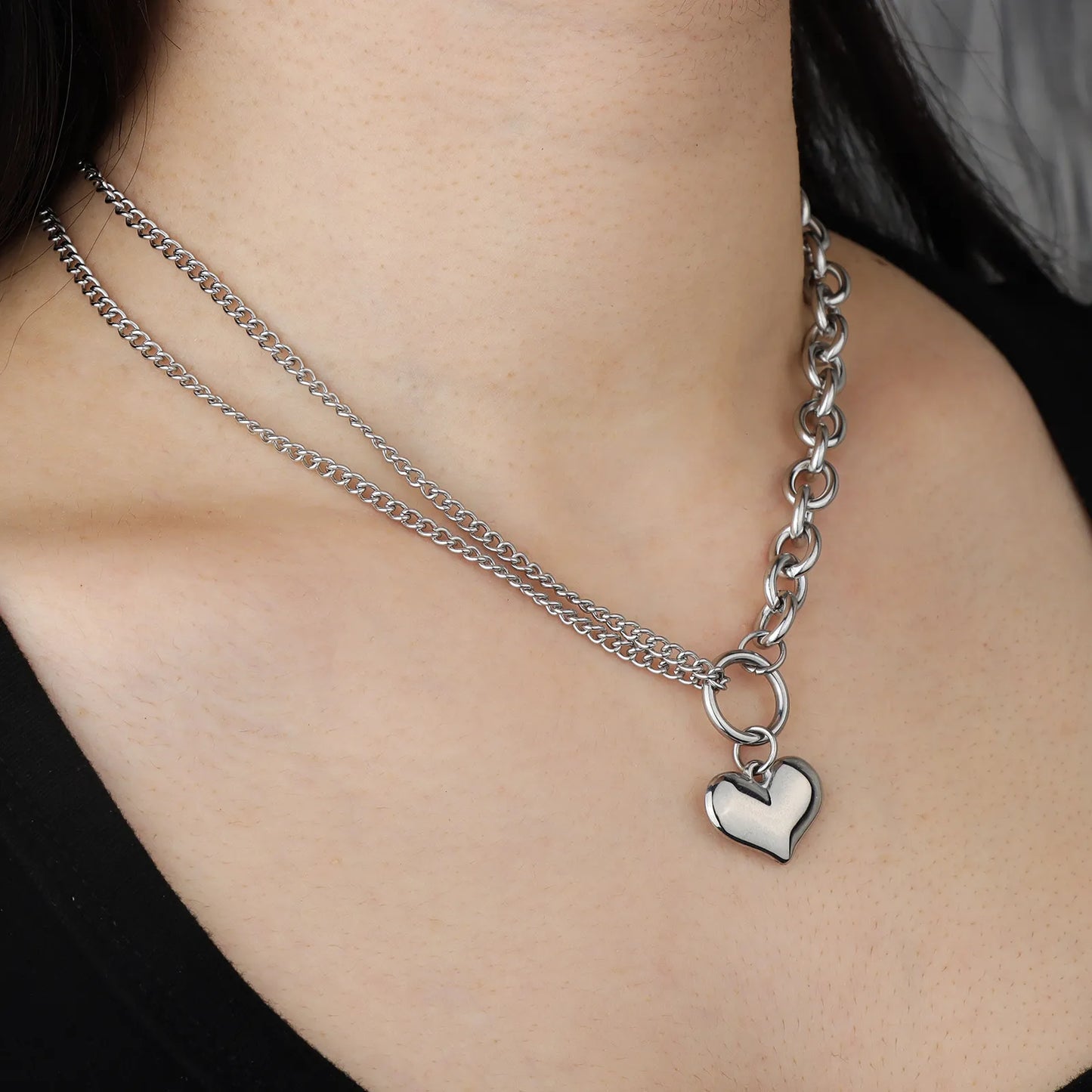 Ajatine silver heart asymmetric chain necklace for stylish everyday and party wear