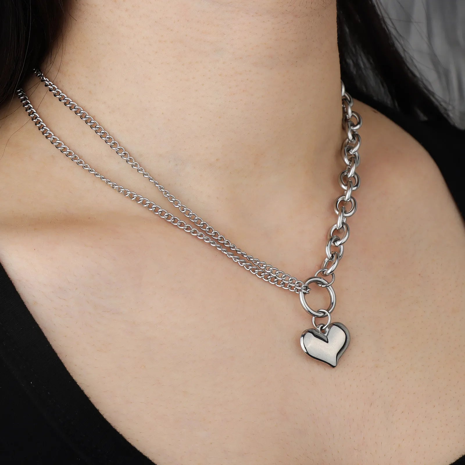 Ajatine silver heart asymmetric chain necklace for stylish everyday and party wear