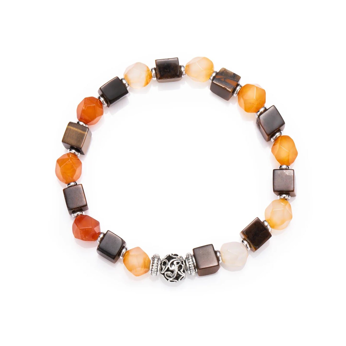 A colorful beaded bracelet with variously colored stones.