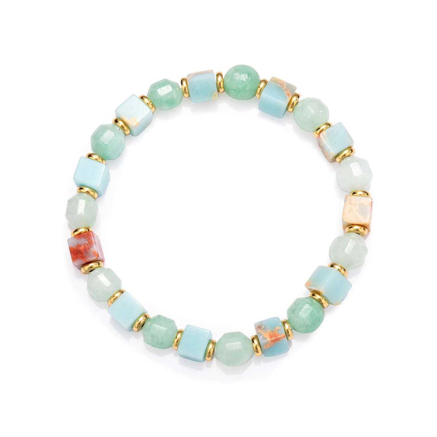 A beaded bracelet made of colorful stone with gold - toned accents.