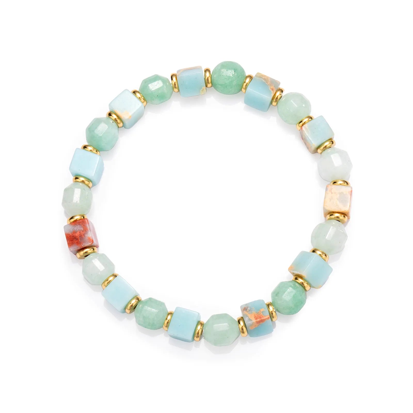 A beaded bracelet made of colorful stone with gold - toned accents.