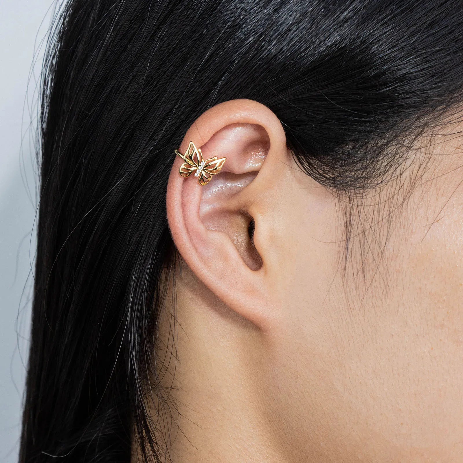 Ajatine gold butterfly clip on earrings with zircon, delicate and elegant