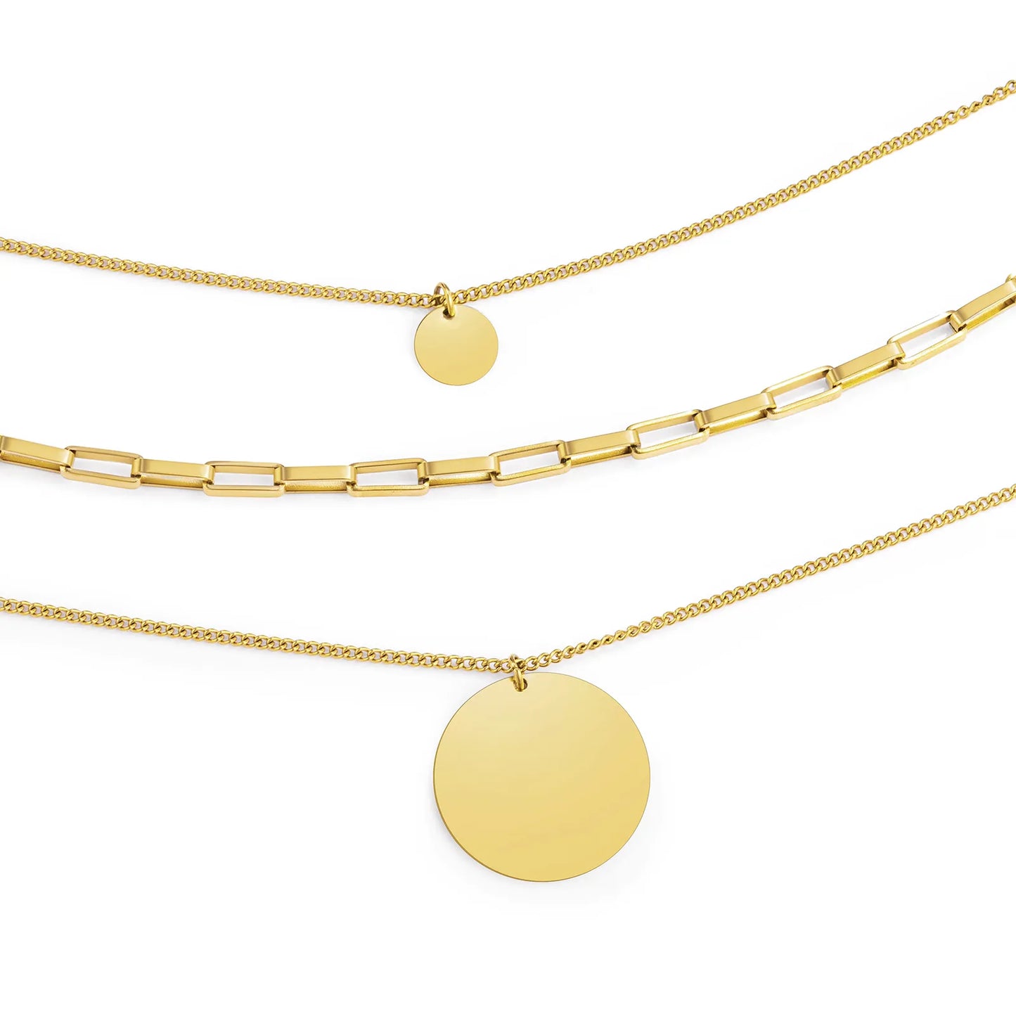 Ajatine gold layered necklace set with multi - strand chains and disc pendants