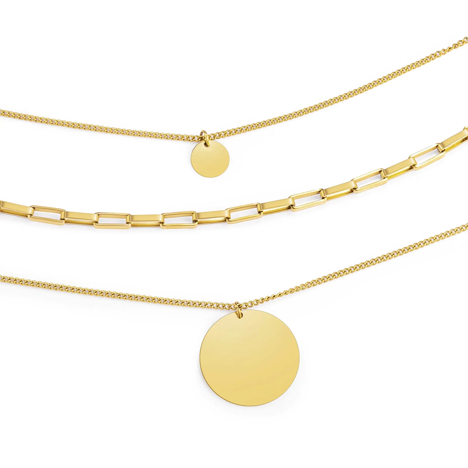 Ajatine gold layered necklace set with multi - strand chains and disc pendants