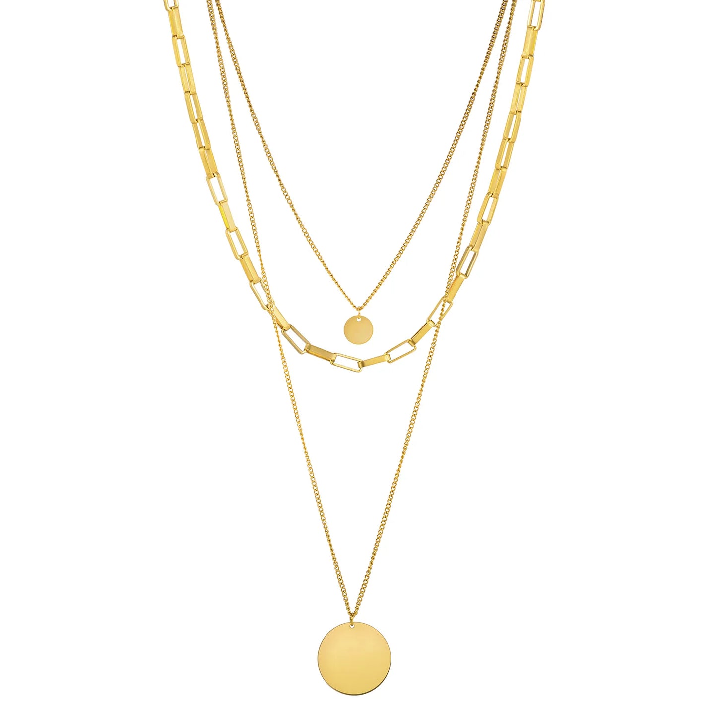 Ajatine gold layered necklace set with multi - strand chains and disc pendants