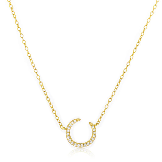 Ajatine gold crescent moon necklace with crystal, elegant minimalist jewelry