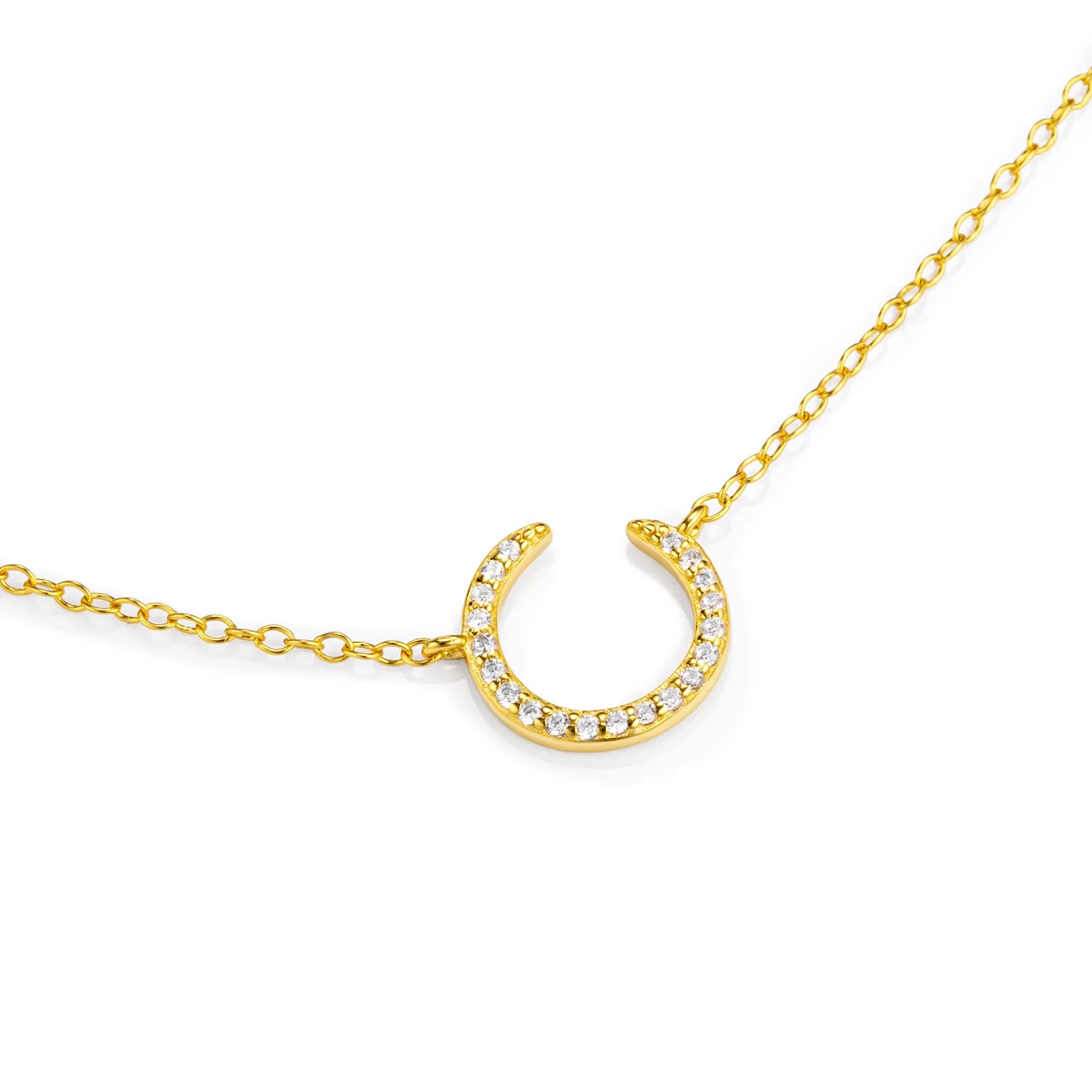 Ajatine gold crescent moon necklace with crystal, elegant minimalist jewelry