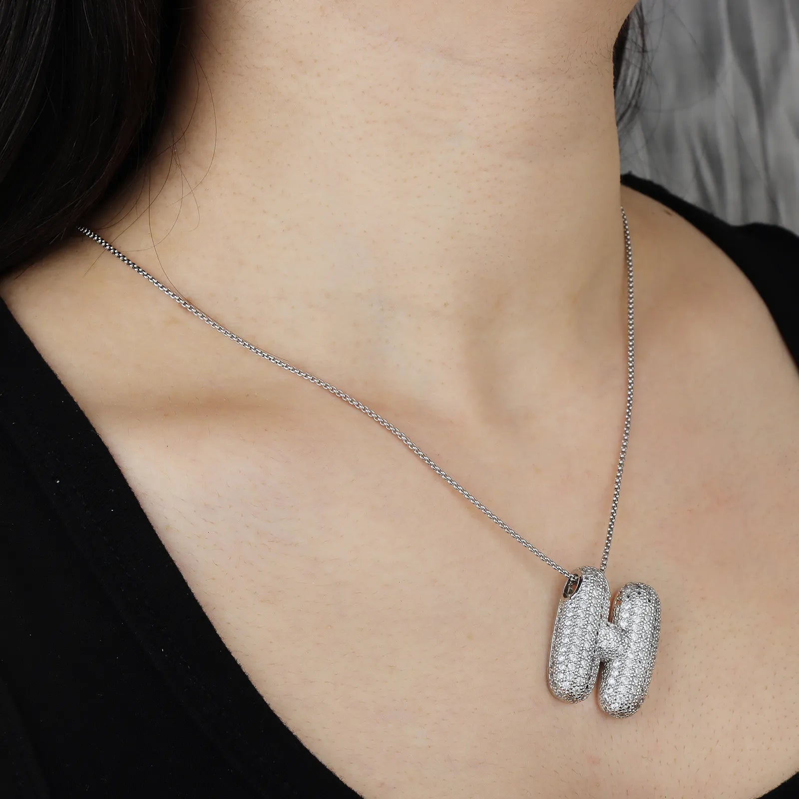 Ajatine silver H pendant necklace with full diamonds, sparkling and elegant jewelry