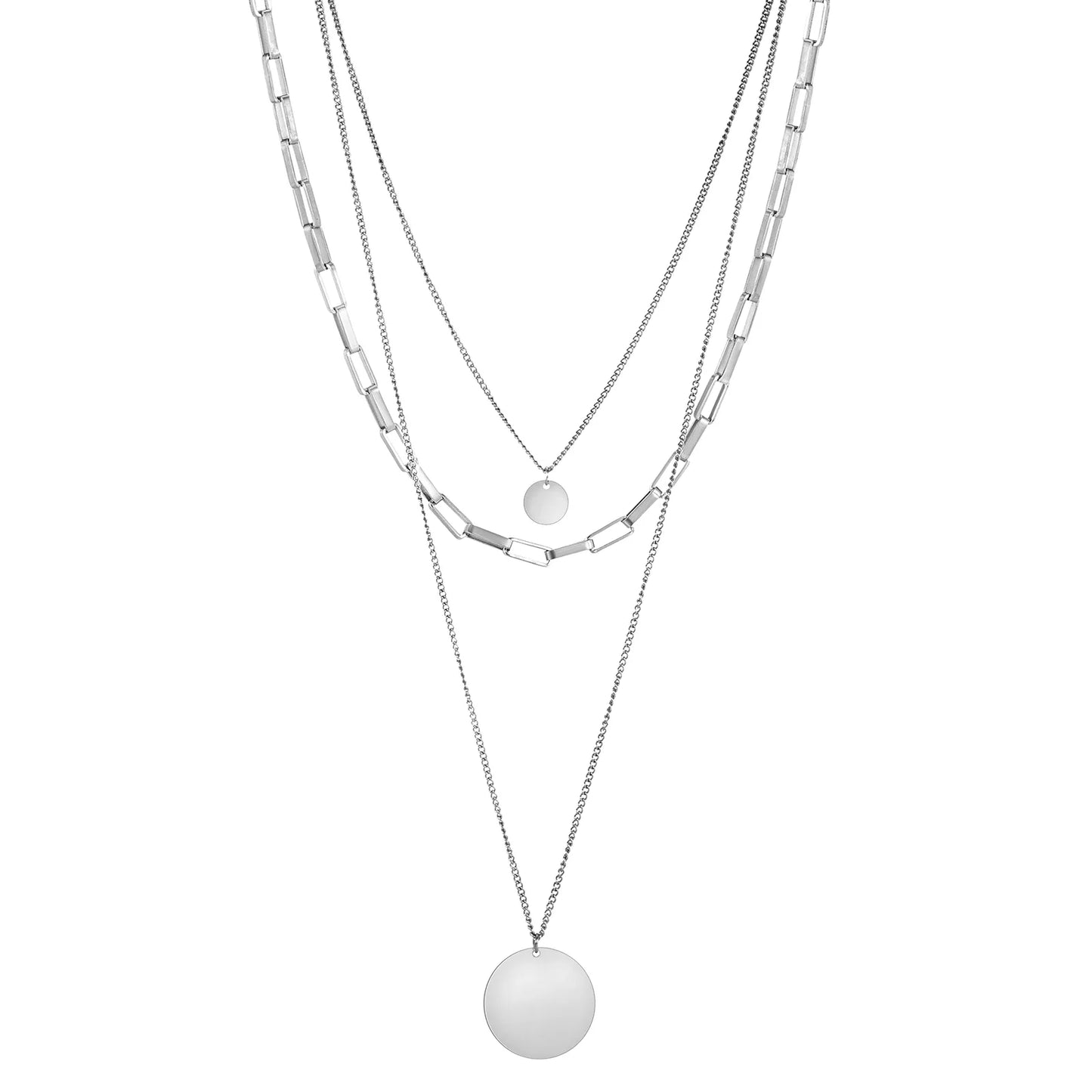 Ajatine silver layered necklace set with multi - strand chains and disc pendants