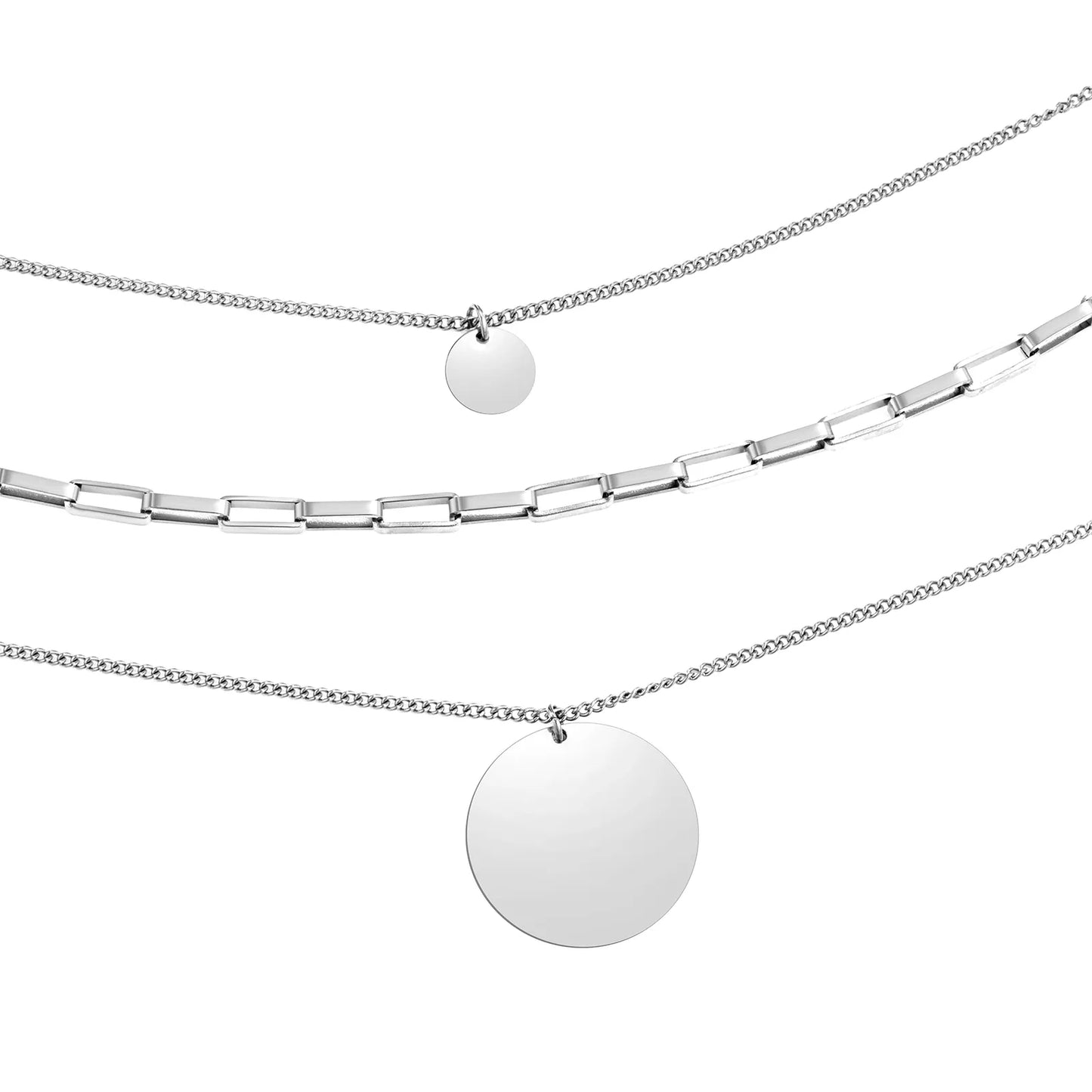 Ajatine silver layered necklace set with multi - strand chains and disc pendants