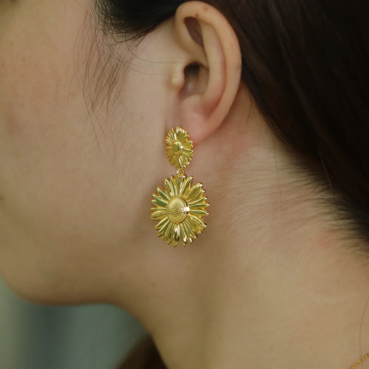 Statement Sunflower Drop Earrings with Gold Tone Design for Women
