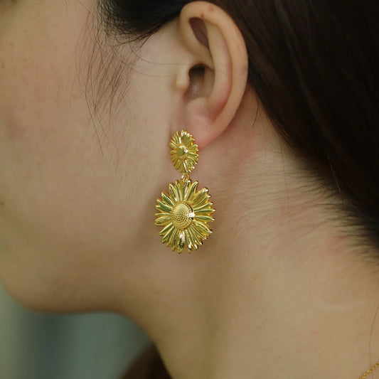 Statement Sunflower Drop Earrings with Gold Tone Design for Women