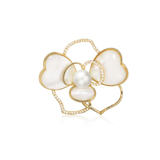 Ajatine mother of pearl flower brooch with zircon, elegant jewelry for formal occasions