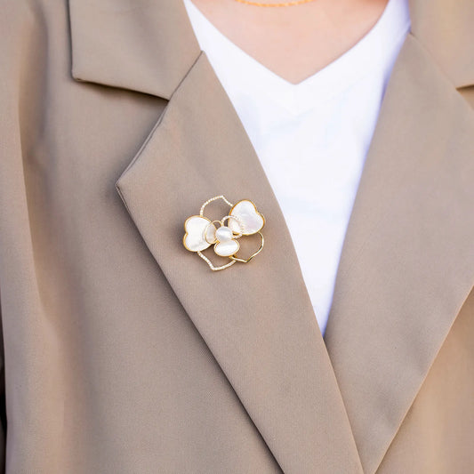 Ajatine mother of pearl flower brooch with zircon, elegant jewelry for formal occasions