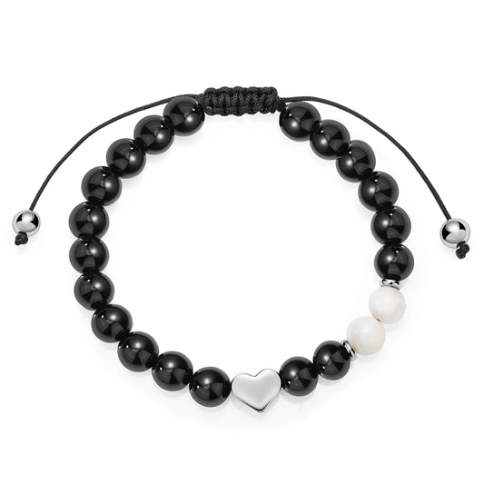 Ajatine black beaded bracelet with heart charm, natural stone jewelry