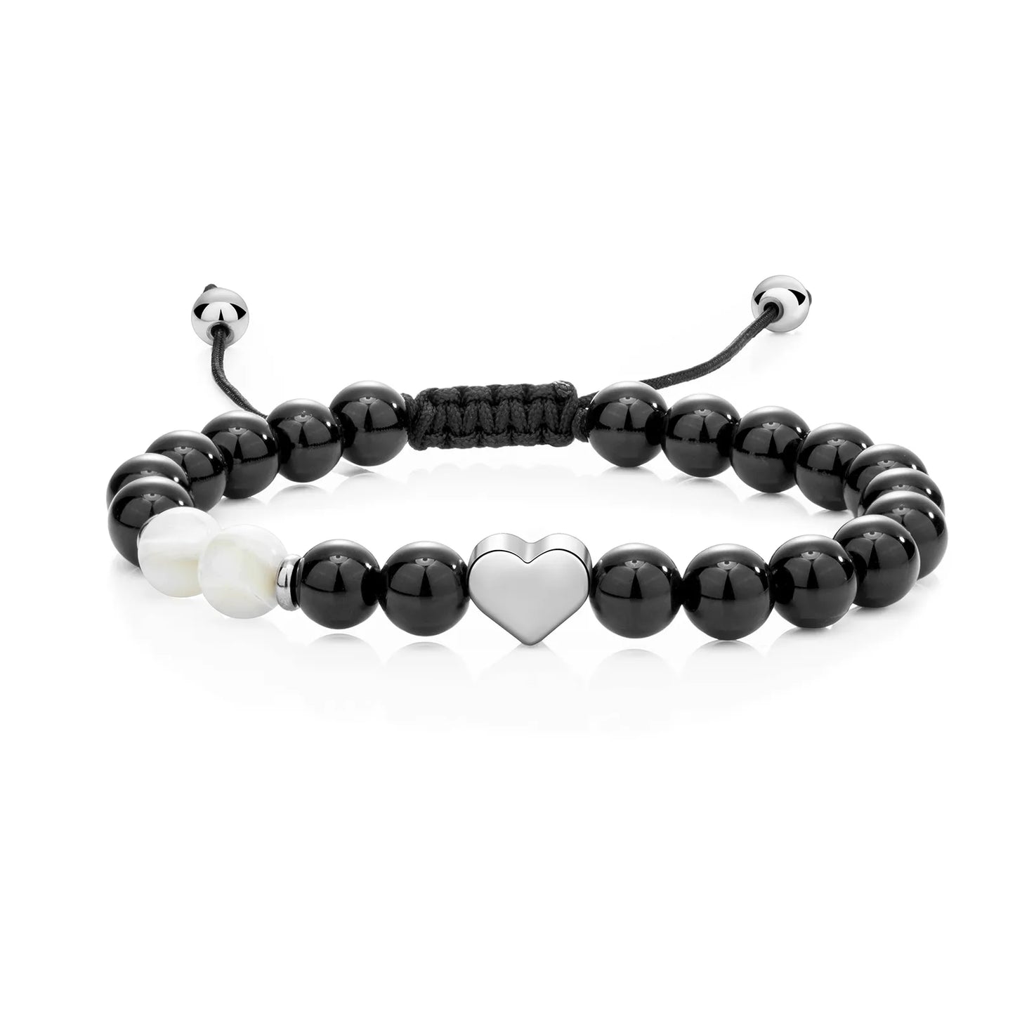 Ajatine black beaded bracelet with heart charm, natural stone jewelry