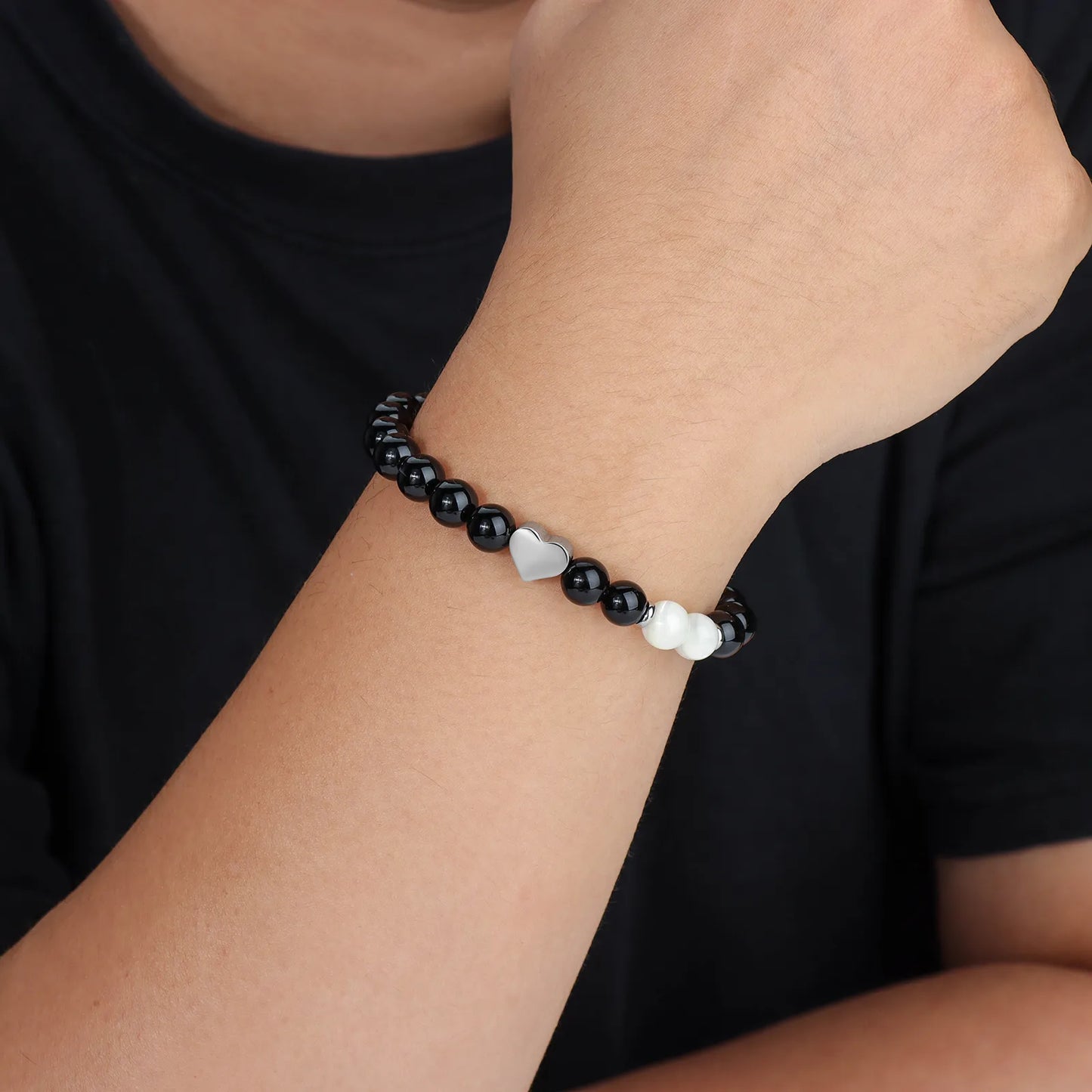 Ajatine black beaded bracelet with heart charm, natural stone jewelry