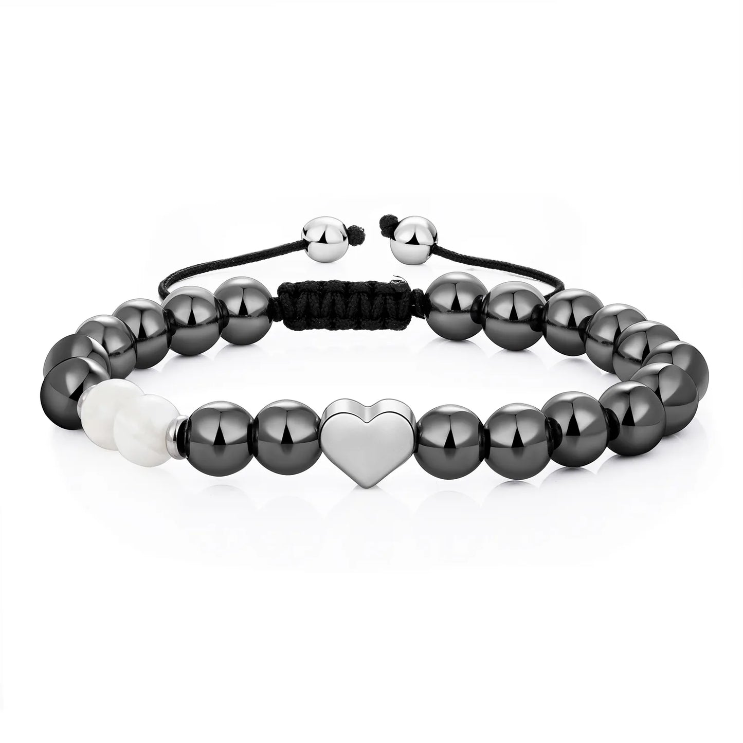 Ajatine dark silver beaded bracelet with heart charm, natural stone jewelry