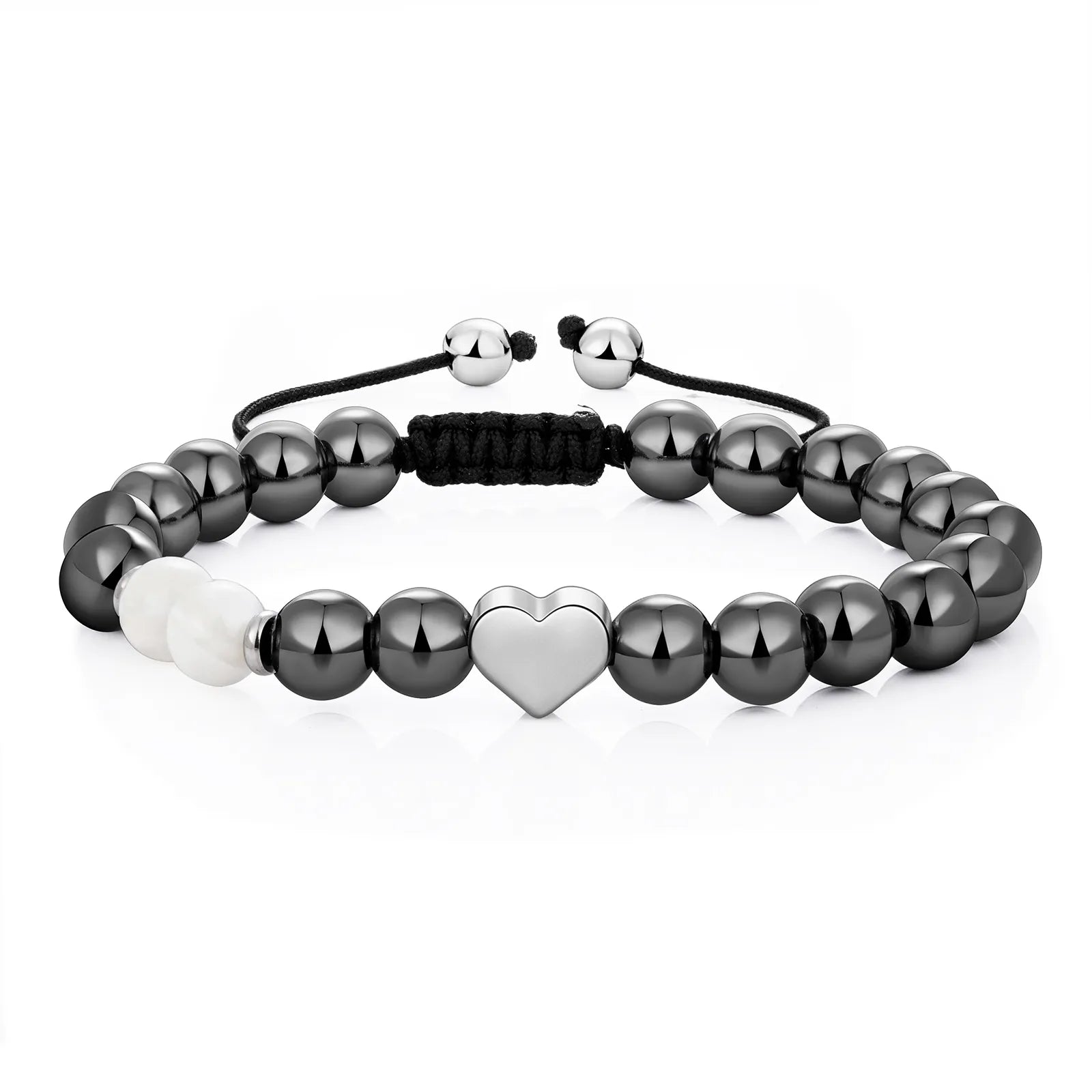Ajatine dark silver beaded bracelet with heart charm, natural stone jewelry
