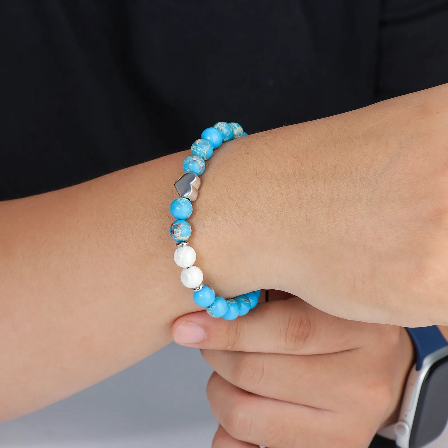 Ajatine blue beaded bracelet with heart charm, natural stone jewelry