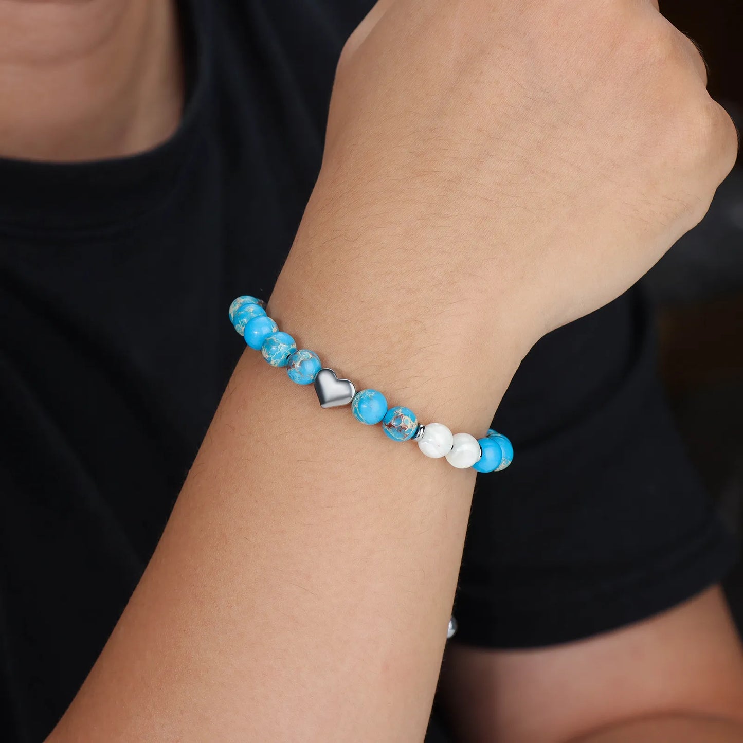 Ajatine blue beaded bracelet with heart charm, natural stone jewelry
