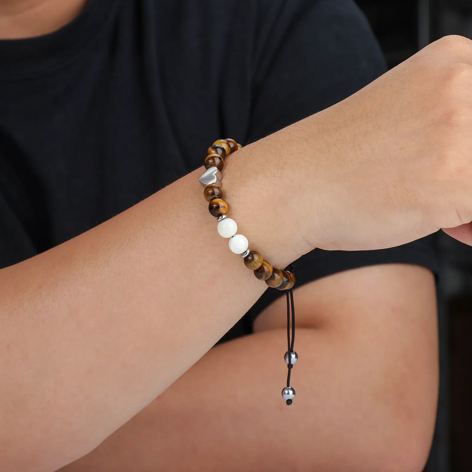 Ajatine brown beaded bracelet with heart charm, natural stone jewelry