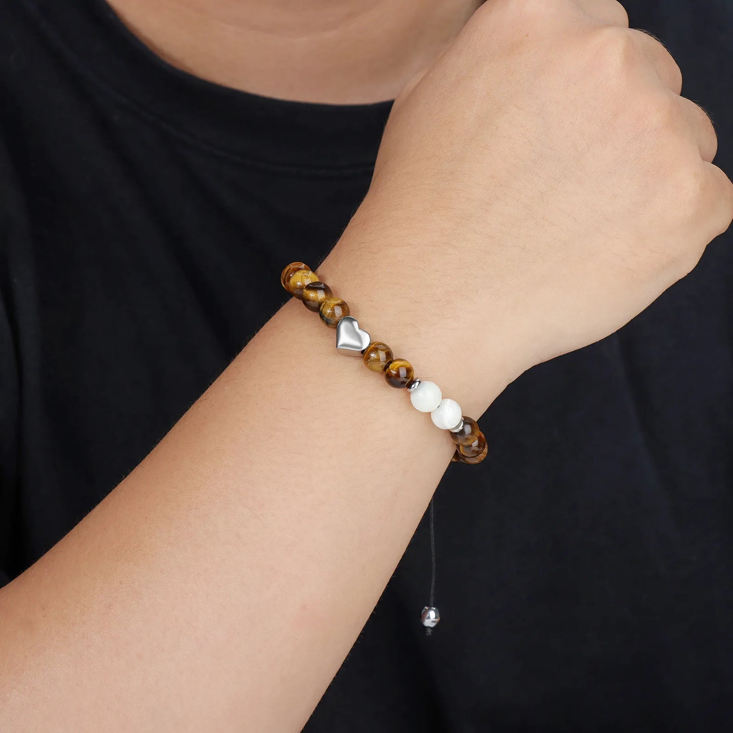 Ajatine brown beaded bracelet with heart charm, natural stone jewelry