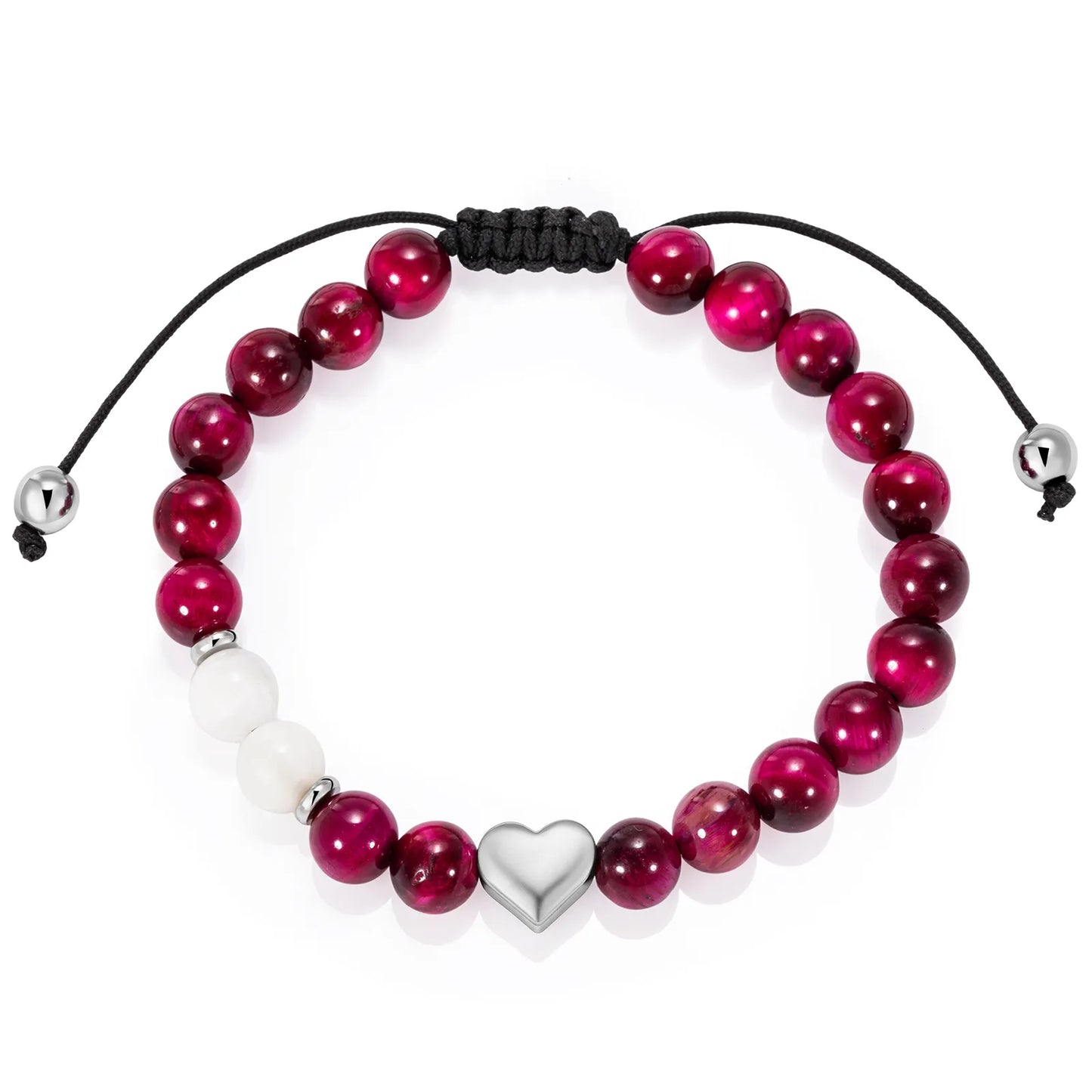 Ajatine burgundy beaded bracelet with heart charm, natural stone jewelry