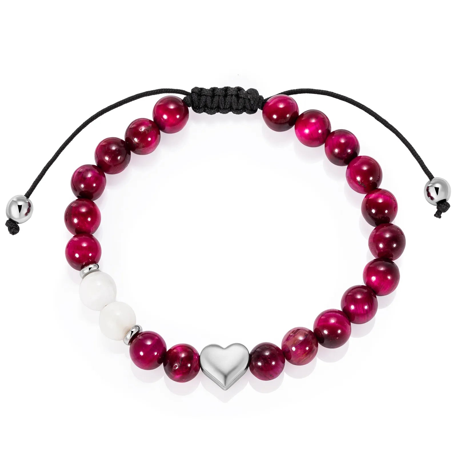 Ajatine burgundy beaded bracelet with heart charm, natural stone jewelry