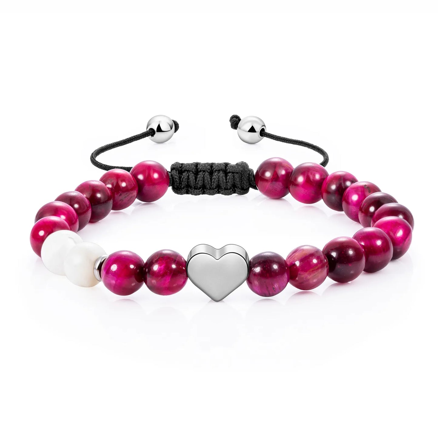 Ajatine burgundy beaded bracelet with heart charm, natural stone jewelry