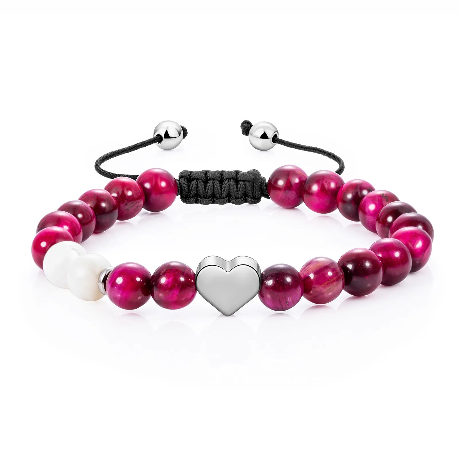 Ajatine burgundy beaded bracelet with heart charm, natural stone jewelry