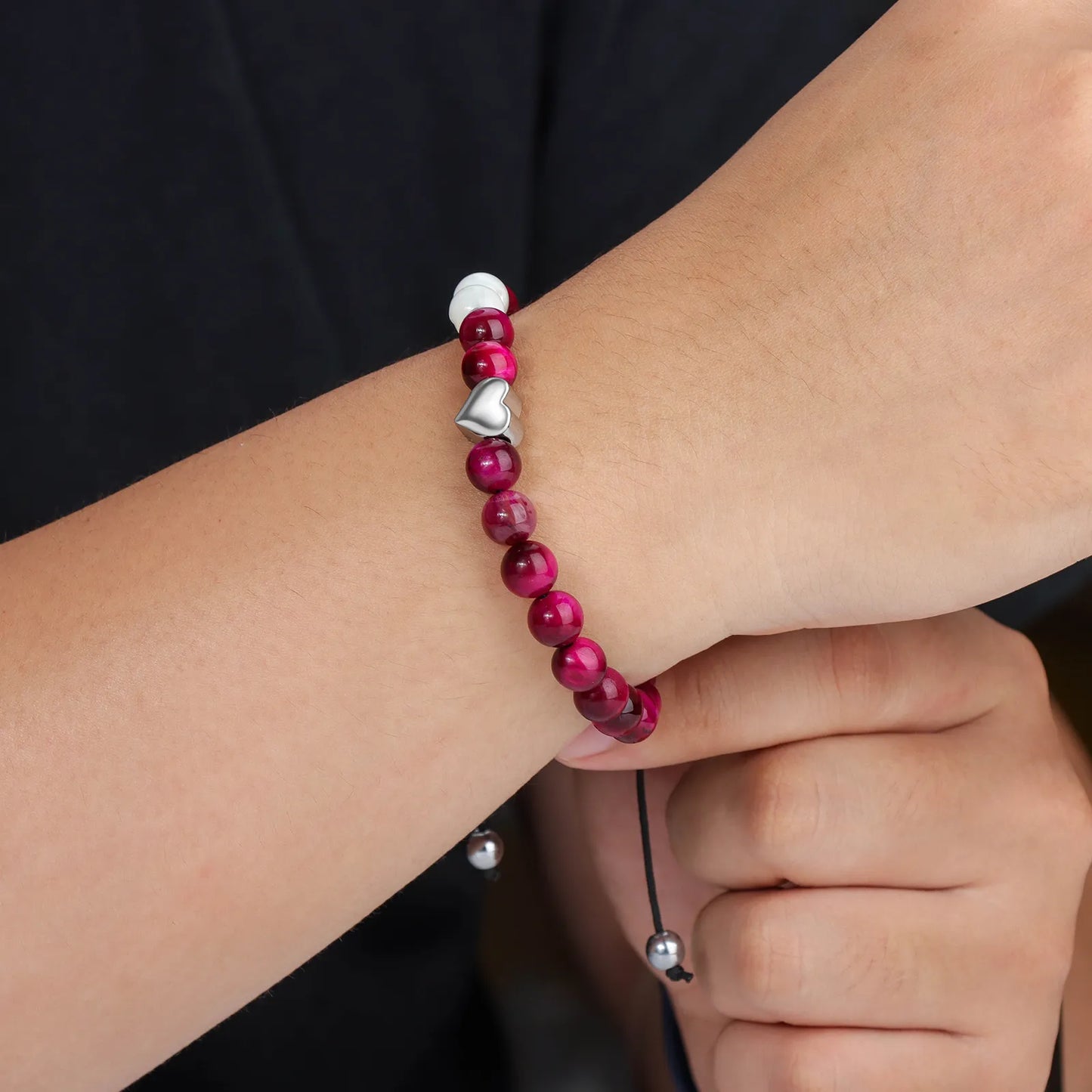 Ajatine burgundy beaded bracelet with heart charm, natural stone jewelry