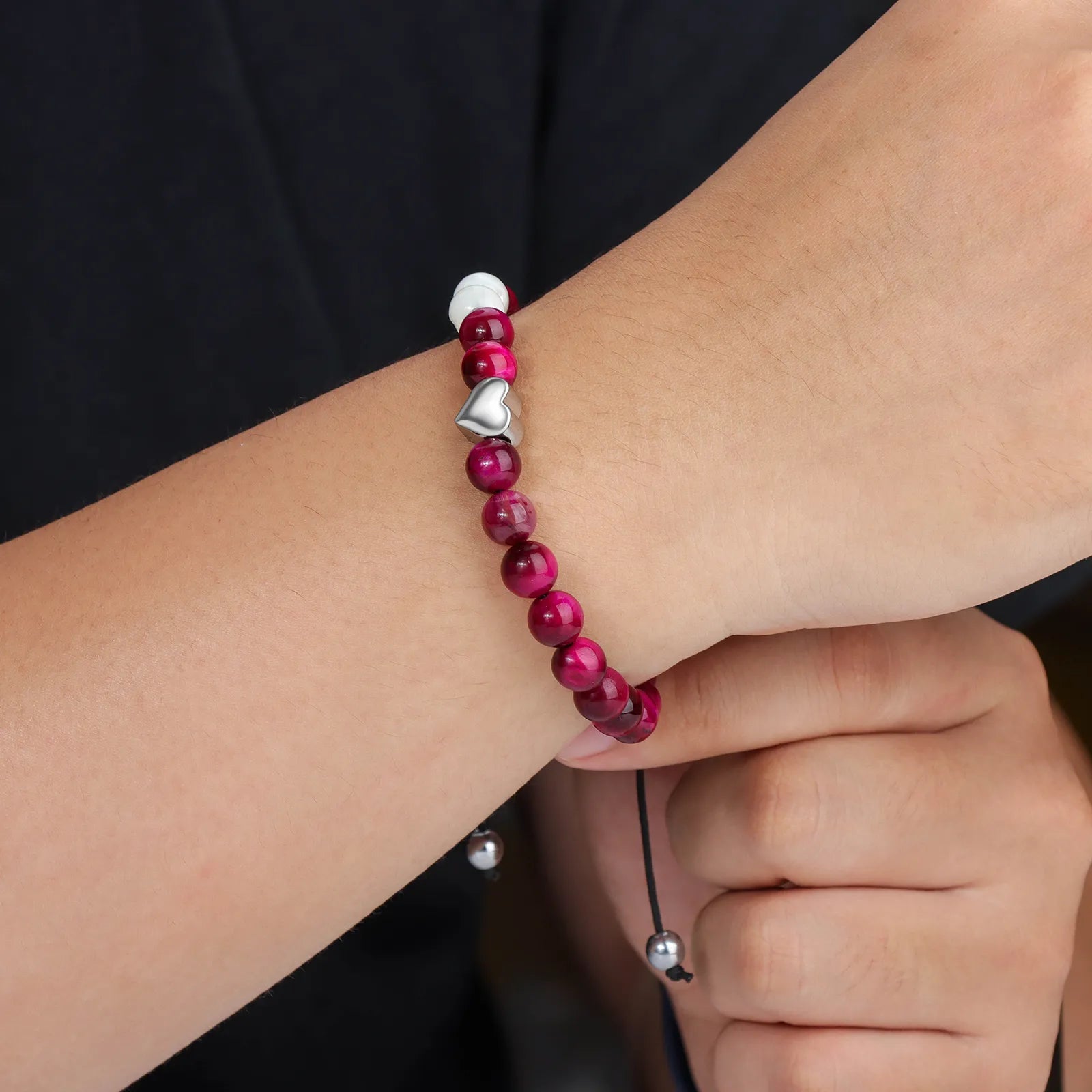 Ajatine burgundy beaded bracelet with heart charm, natural stone jewelry