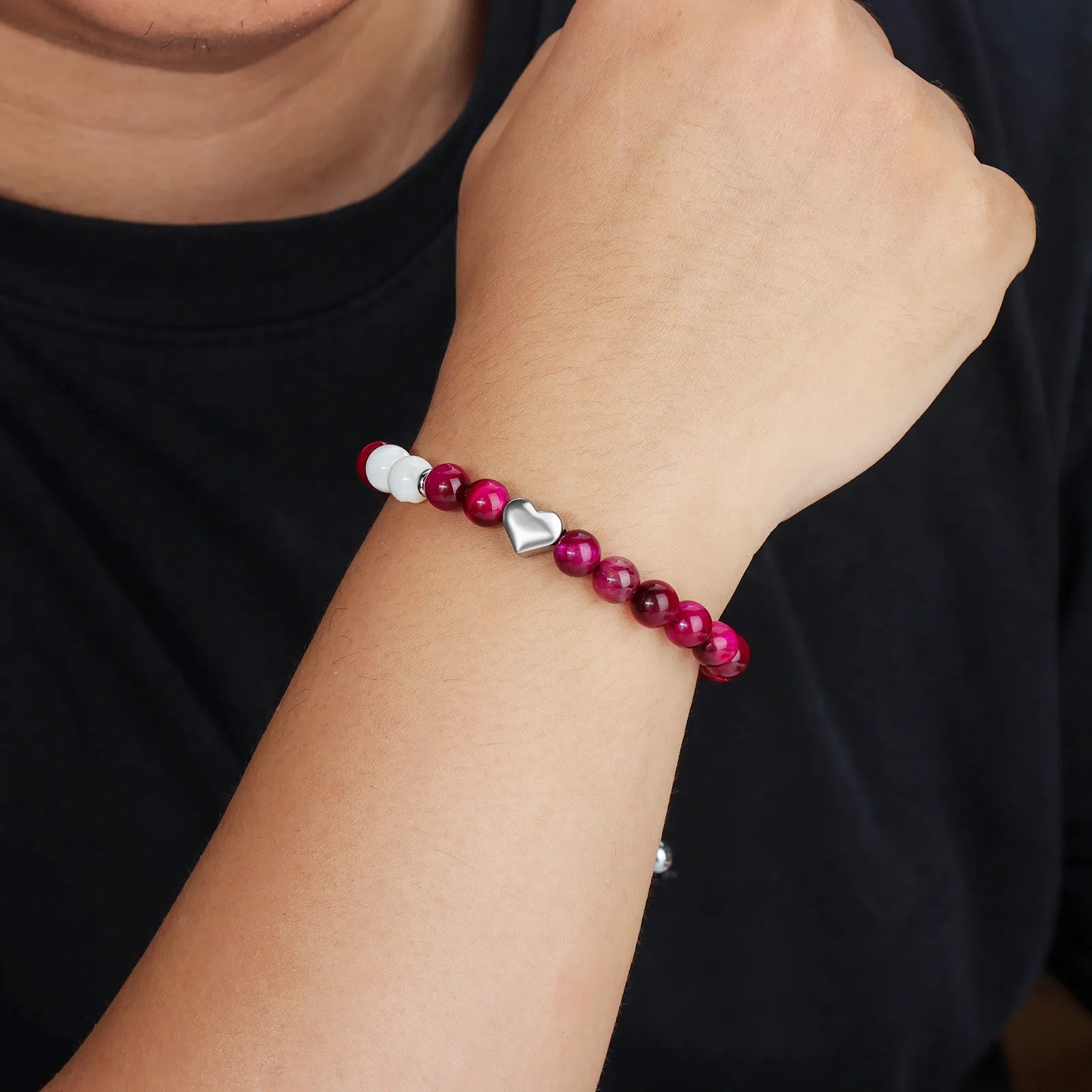 Ajatine burgundy beaded bracelet with heart charm, natural stone jewelry
