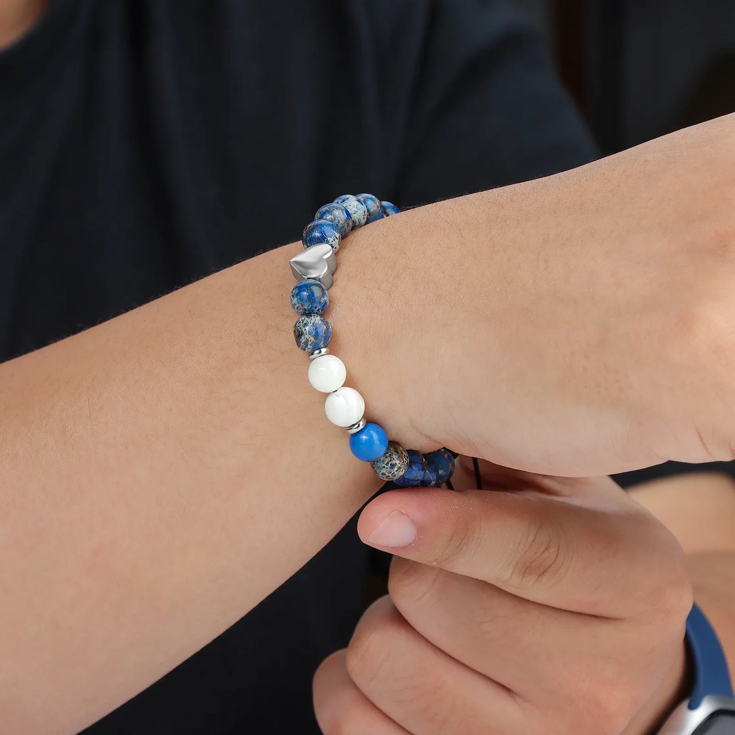 Ajatine blue-blend beaded bracelet with heart charm, natural stone jewelry